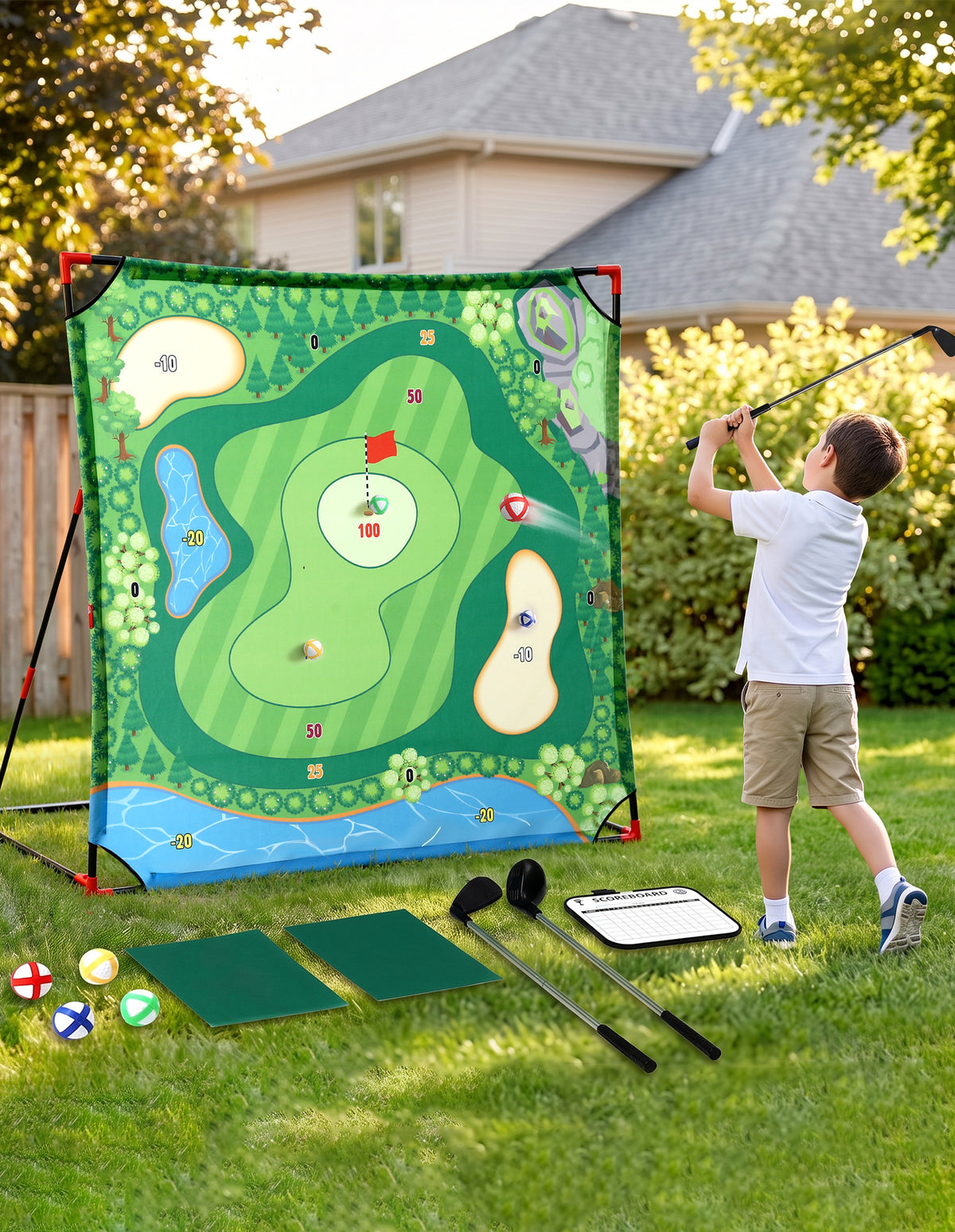 Keezi Kids Golf Chipping Game Set with Stand, 24 Sticky Balls, Adjustable Club & 2 Hitting Mats