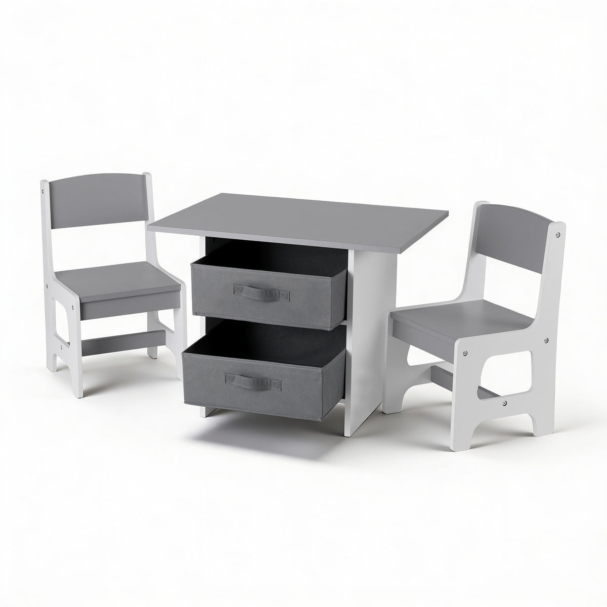 Keezi Kids Table and 2 Chairs Set Wooden Activity Table with 2 Storage Drawers, Grey