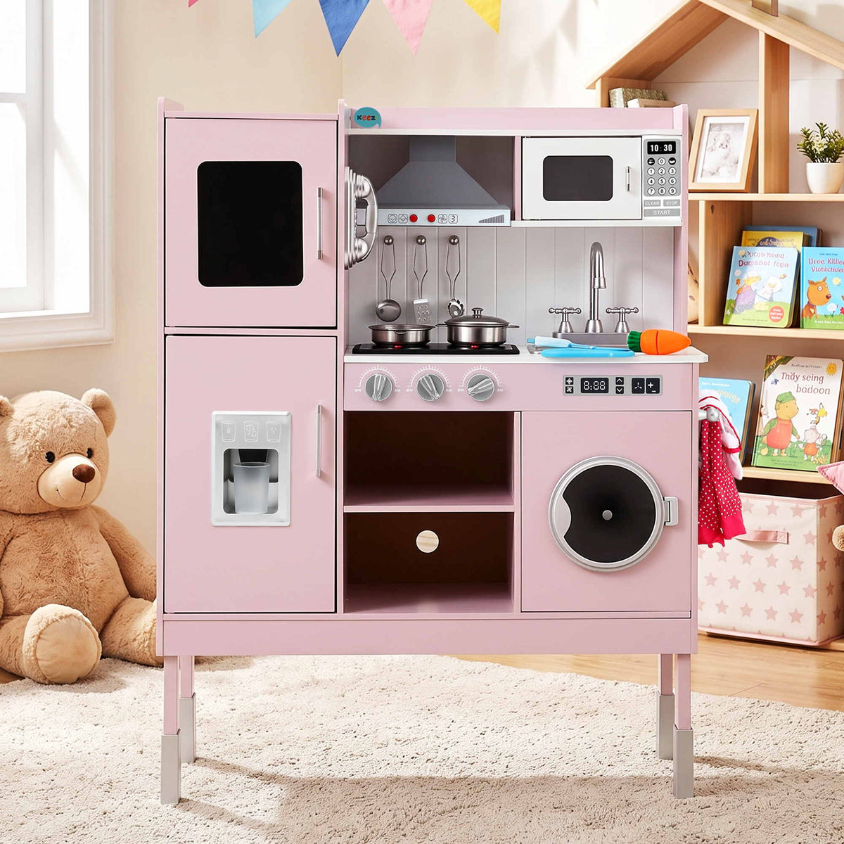 Keezi 102cm Wooden Pretend Kitchen Playset With Apron And Food Set Pink