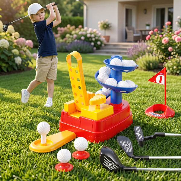 Keezi Kids Golf Toy Set with 20 Balls & 3 Adjustable Clubs, Foot Pedal Ball Launcher