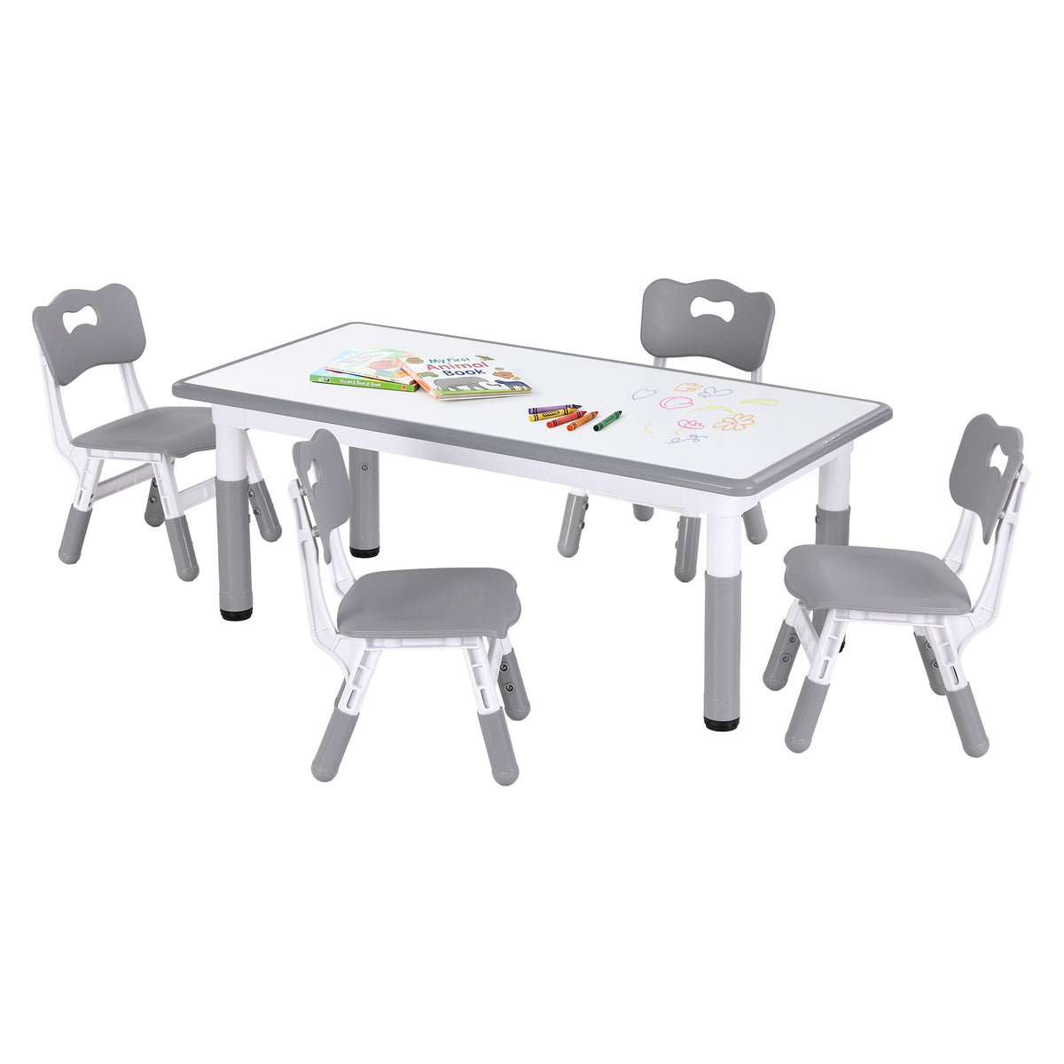Keezi Kids Table and 4 Chairs Set Height Adjustable Toddler Desk and Chair Set, Grey