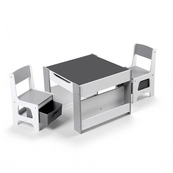 Keezi Kids Table and Chair Set, 4 in 1 Wooden Activity Table with Bookcase, Grey