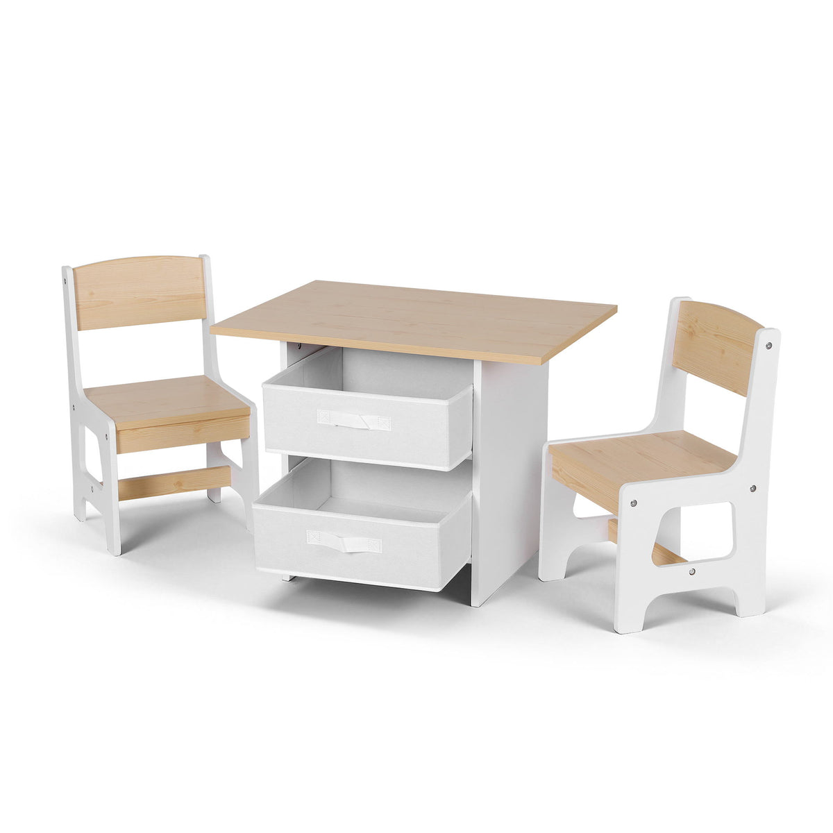 Keezi Kids Table and 2 Chairs Set Wooden Activity Table with 2 Storage Drawers, Natural