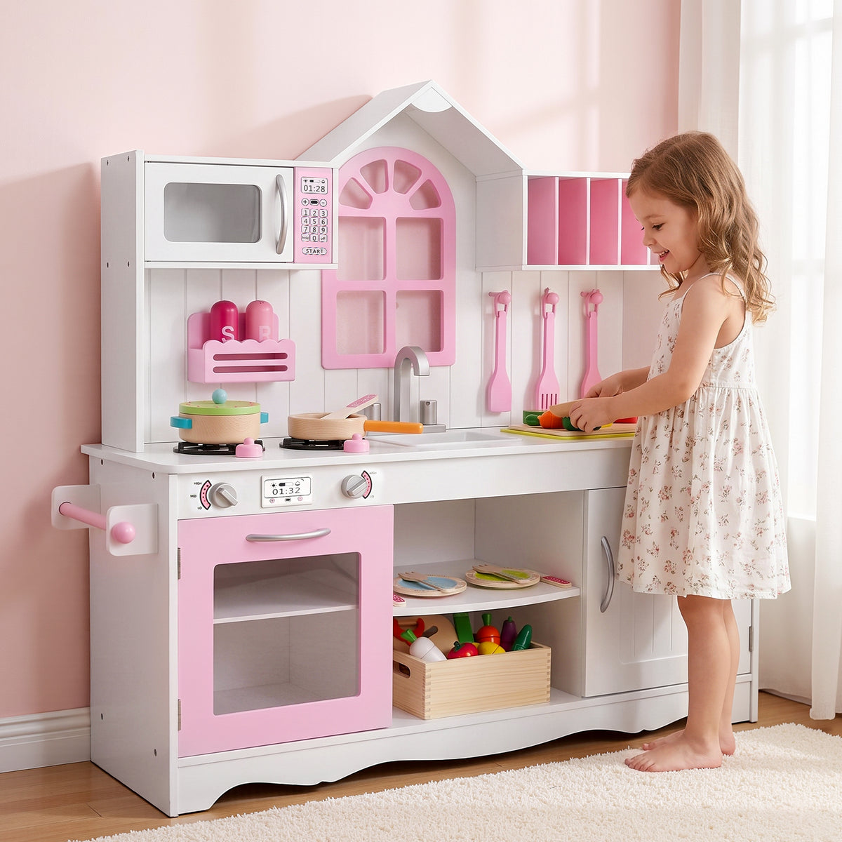 Keezi Wooden Kids Pretend Kitchen Playset with 29pc Food Set Pink White