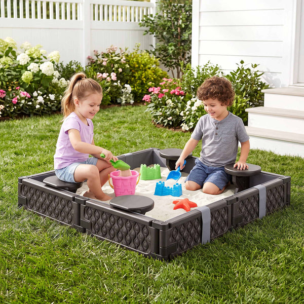 Keezi Kids Sandpit Sandbox With Cover 4 Seats Outdoor Sand Box Brown